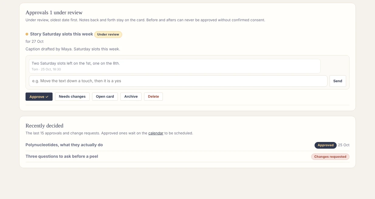 Approvals: one post under review with its conversation and the approve button