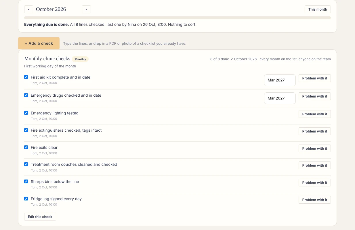 Monthly clinic checks ticked in the app, each with who and when