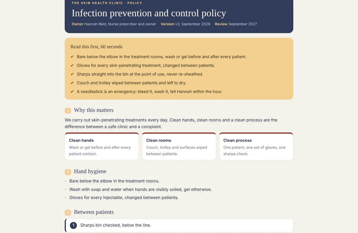 A policy as a page in the app, with the 60-second box and I have read this