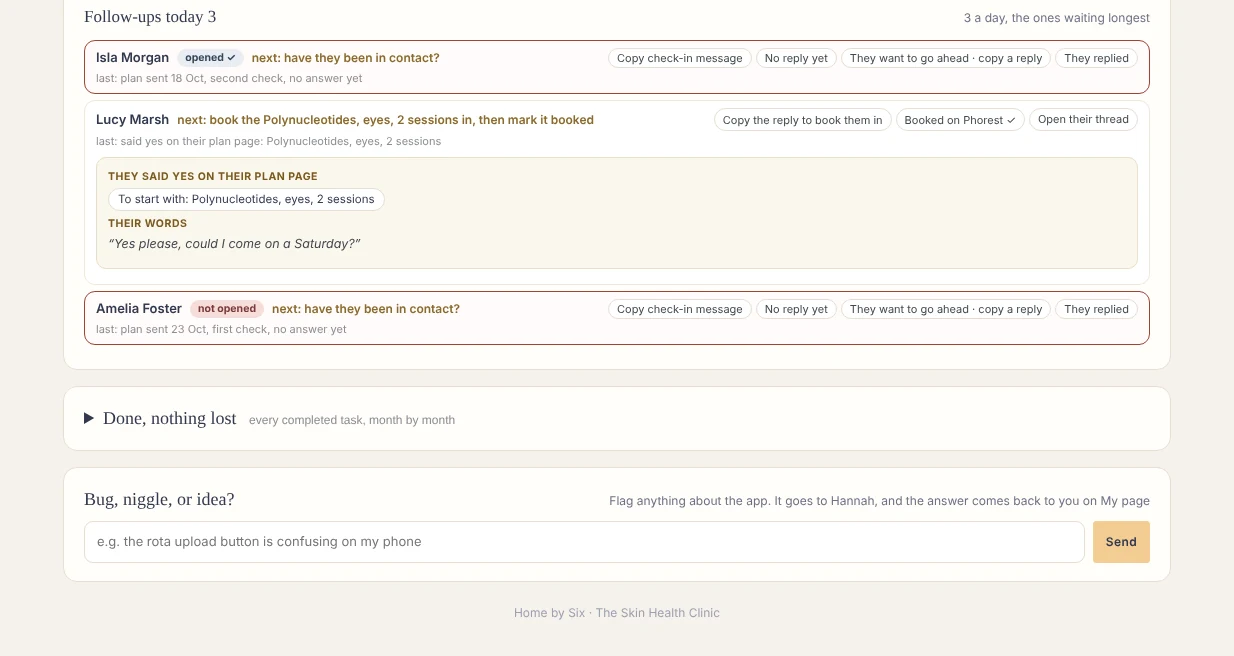Follow-ups today: three patients, each with the next step and a ready message
