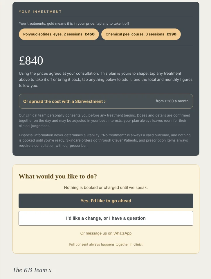 The patient's own plan page: her investment, and the yes or I'd like a change buttons