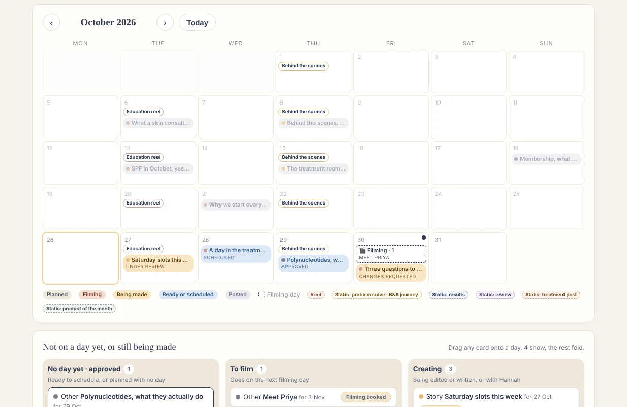 The socials calendar for the month, with filming days and the status of every post